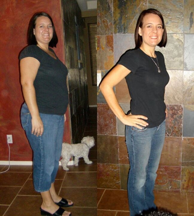 El resultado de una mujer que pierde peso con una dieta semanal de trigo sarraceno de 5 kg. 